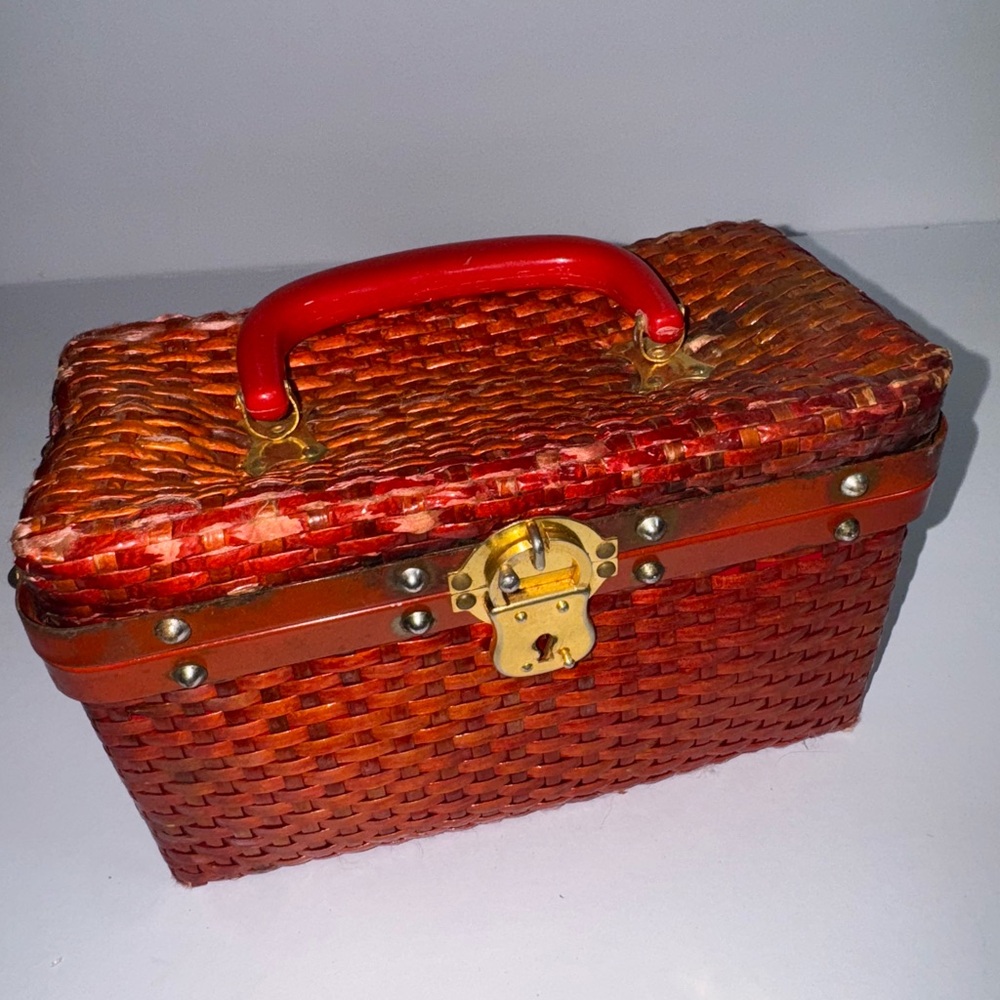 Woven Red Handbag with Gold Accents